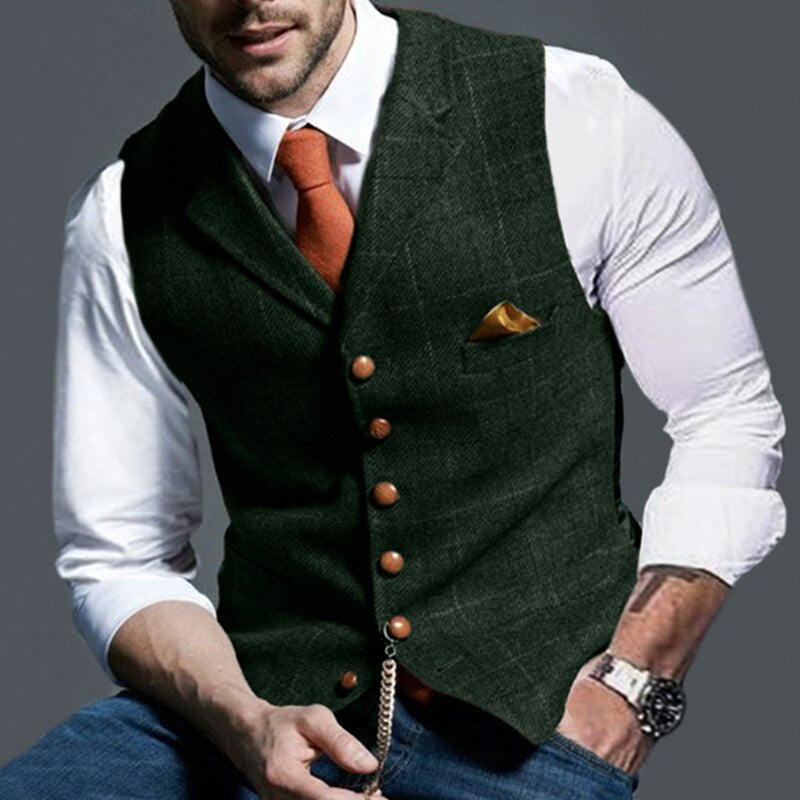 Voguable Mens Suit Vest Notched Plaid Wool Herringbone Tweed Waistcoat Casual Formal Business Groomman For Wedding Green/Black/Green/Grey voguable