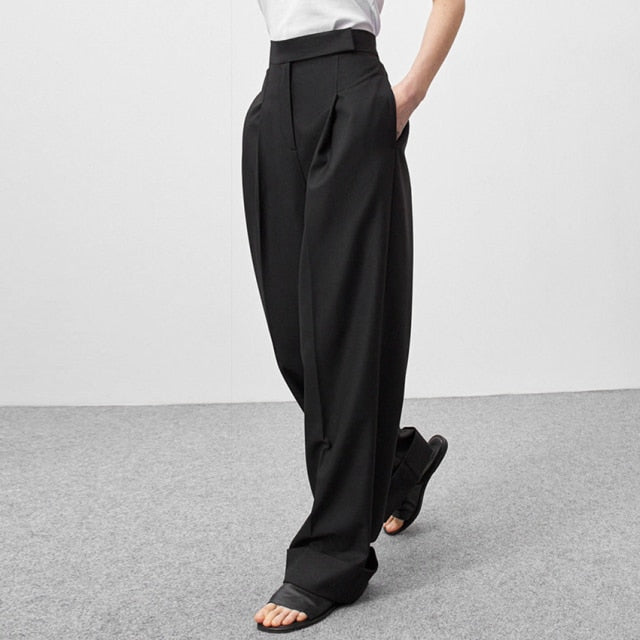 Mnealways 18 Spring Summer Black Ladies Office Trousers Women High Waist Pants Pockets Female Pleated Wide Leg Pants Solid 2021 voguable