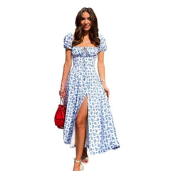 Voguable  Short Puff Sleeve Flroal Printed Ruched Party High Split  Women Summer Dress Long Maxi Dresses Drawstring Sexy Vestidos Sundress voguable