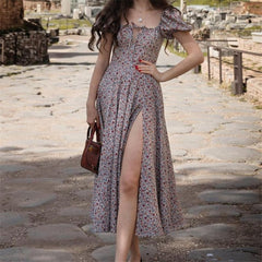 Voguable  Short Puff Sleeve Flroal Printed Ruched Party High Split  Women Summer Dress Long Maxi Dresses Drawstring Sexy Vestidos Sundress voguable