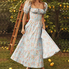 Voguable  Short Puff Sleeve Flroal Printed Ruched Party High Split  Women Summer Dress Long Maxi Dresses Drawstring Sexy Vestidos Sundress voguable