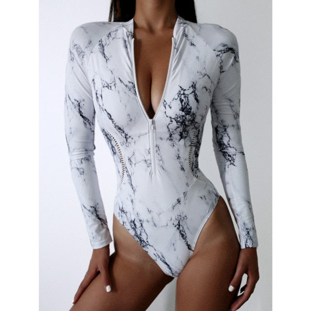 White Solid Color One-Piece Swimsuit Long Sleeve Swimwear Sports Women's Swimming Bathing Suit Beach Bather Surfing Swim Wear voguable