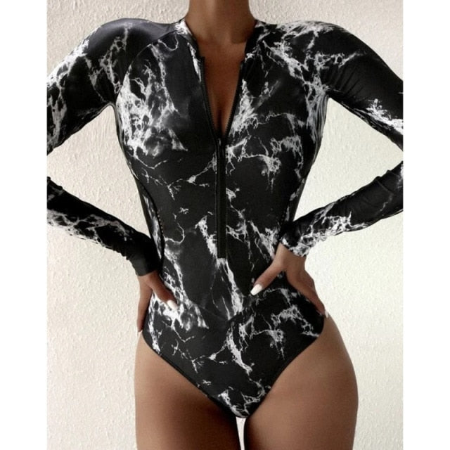 White Solid Color One-Piece Swimsuit Long Sleeve Swimwear Sports Women's Swimming Bathing Suit Beach Bather Surfing Swim Wear voguable