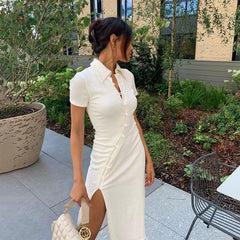 Button Women's Bodycon Dress White Sexy Slim Single Breasted Turndown Collar Summer Dress Casual Split Midi Dress Streetwear voguable