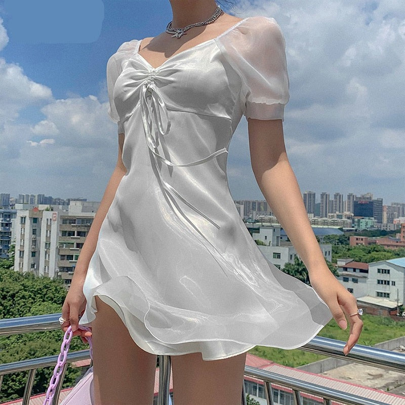 2021 Fashion Women Summer Sundress Dress Harajuku Korean Style Sexy Fairy White Mini Dress Casual Cute Kawaii Clothes voguable