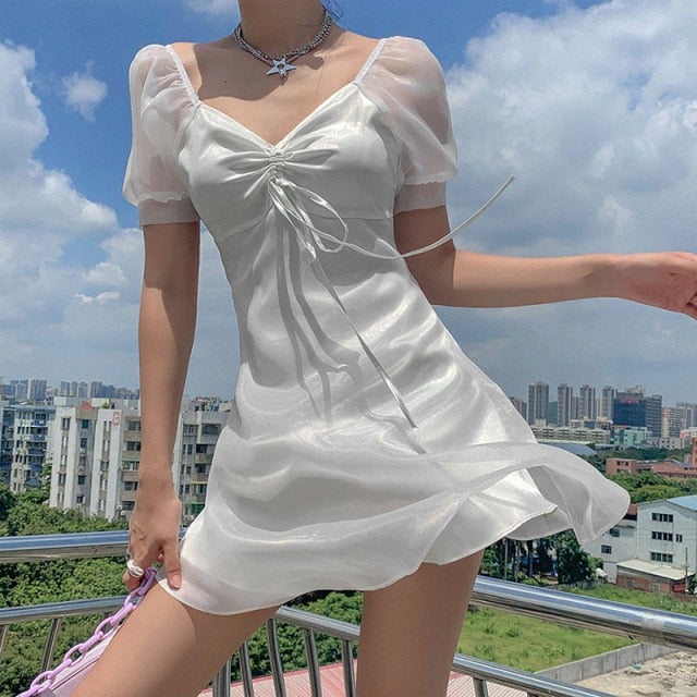 2021 Fashion Women Summer Sundress Dress Harajuku Korean Style Sexy Fairy White Mini Dress Casual Cute Kawaii Clothes voguable