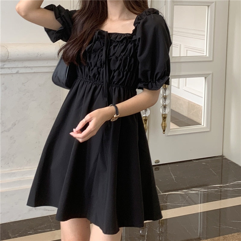 French square neck Bubble Sleeve Dress Small Lori dress 2021 summer Mini A-line pure black casual dress voguable