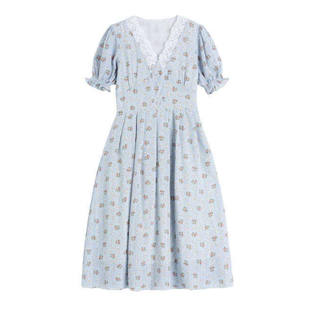 2021 Vintage Floral Dress Women Elegant Lace Chiffon Korean Party Dress Puff Sleeve V Neck Midi Dress Fall Dresses for Women New voguable