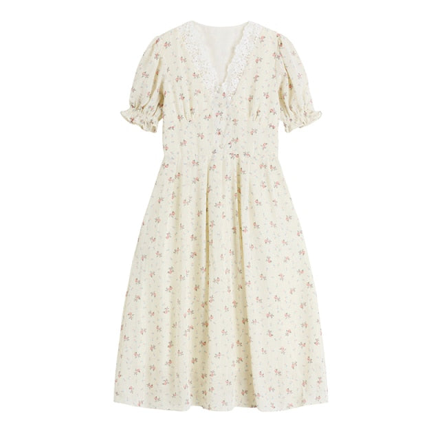 2021 Vintage Floral Dress Women Elegant Lace Chiffon Korean Party Dress Puff Sleeve V Neck Midi Dress Fall Dresses for Women New voguable