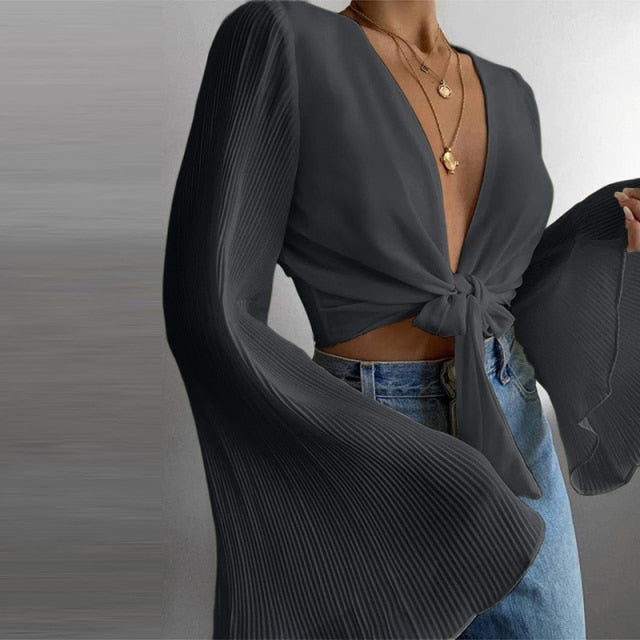 Spring Flare Long Sleeve Beach Shirts Blouse Solid Sexy Deep V Neck Women Shirt Blusas Summer Tie-Up Hollow Out Tops Streetwear voguable