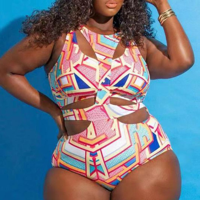 Plus Size Swimwear Bandage Cut Out Bathing Suit Women One Piece Swimsuit African Print Monokin Large Size Bodysuit Sexy Swimsuit voguable