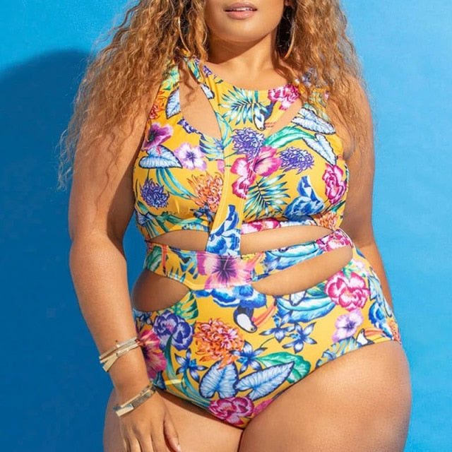 Plus Size Swimwear Bandage Cut Out Bathing Suit Women One Piece Swimsuit African Print Monokin Large Size Bodysuit Sexy Swimsuit voguable