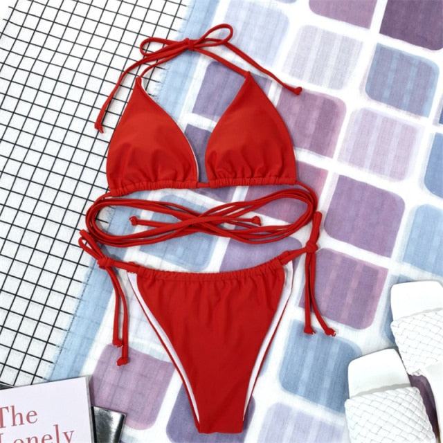 GNIM Sexy Brazilian Thong Bikini Mujer Swimwear Women 2019 Bandage Solid Swimsuit Micro Bikini Set Summer Beachwear Swim Suit voguable