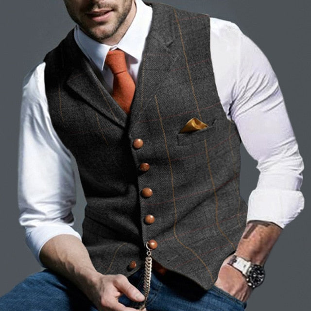 Voguable Mens Suit Vest Notched Plaid Wool Herringbone Tweed Waistcoat Casual Formal Business Groomman For Wedding Green/Black/Green/Grey voguable