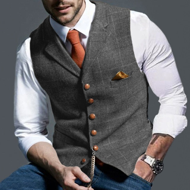 Voguable Mens Suit Vest Notched Plaid Wool Herringbone Tweed Waistcoat Casual Formal Business Groomman For Wedding Green/Black/Green/Grey voguable