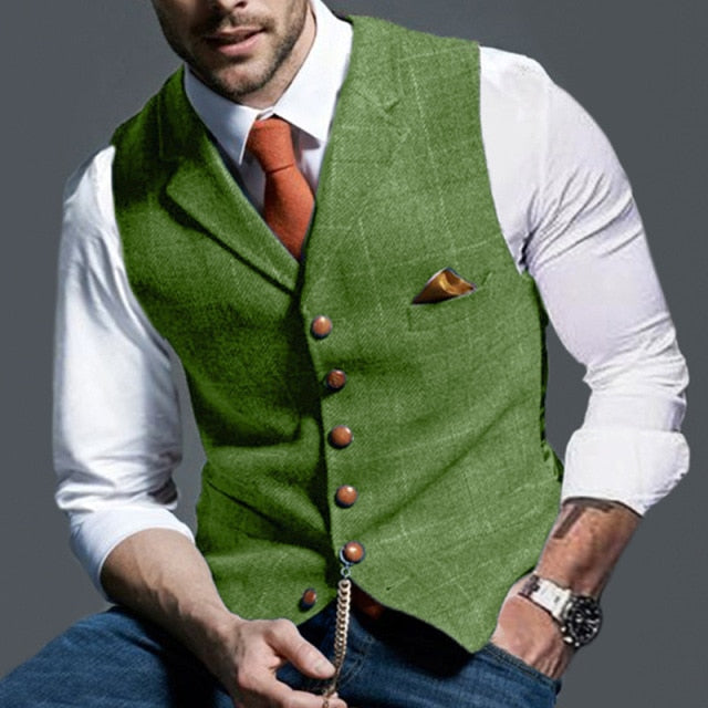 Voguable Mens Suit Vest Notched Plaid Wool Herringbone Tweed Waistcoat Casual Formal Business Groomman For Wedding Green/Black/Green/Grey voguable