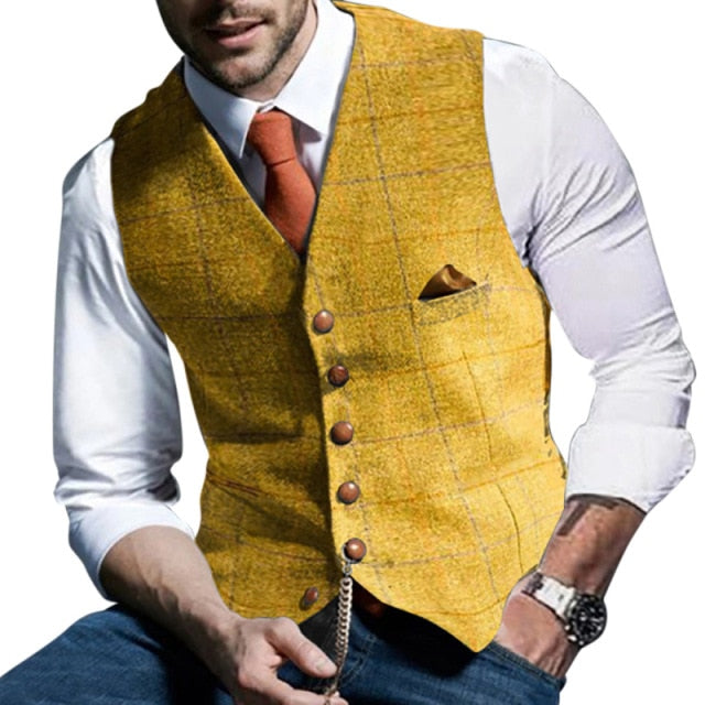 Voguable Mens Suit Vest Notched Plaid Wool Herringbone Tweed Waistcoat Casual Formal Business Groomman For Wedding Green/Black/Green/Grey voguable