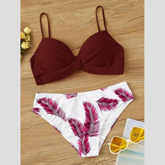 RUUHEE Women Swimsuit Push Up Solid  Swimwear High Cut Floral  Bathing Suit with Padded 2021 Bikini Set Bikini Swimwear Women voguable
