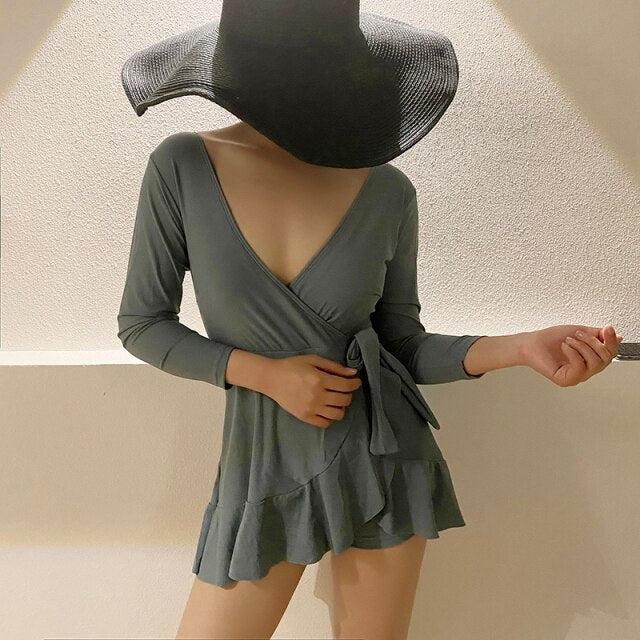 Women's 2020 Summer Bathing Suit Push Up One Piece Swimsuit Belt Solid Korea Swimwear Swimsuit Women with Skirt Swim Suit Dress voguable