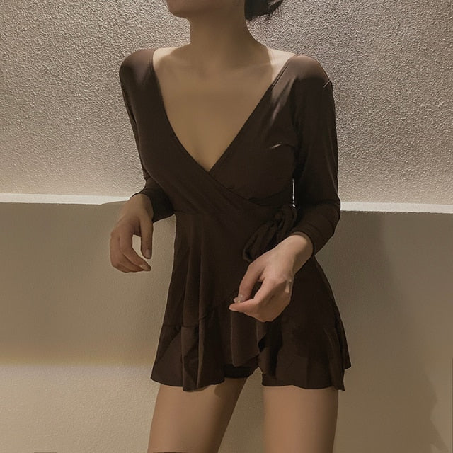 Women's 2020 Summer Bathing Suit Push Up One Piece Swimsuit Belt Solid Korea Swimwear Swimsuit Women with Skirt Swim Suit Dress voguable