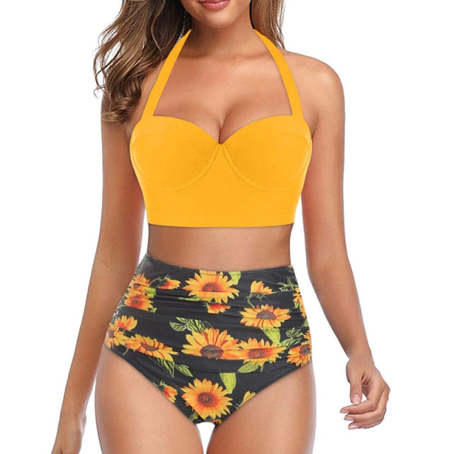 In-X High waist bikini 2022 Leaf print swimsuit women Push up swimwear female Halter bathing suit Vintage swimming suit biquini voguable