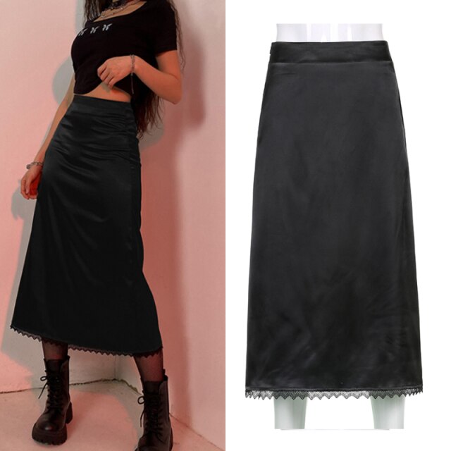 Vintage Split Long Skirt Women Cyber y2k Fashion Straight Satin High Waist Skirts Summer Outfits 2021 Casual Aesthetic Iamhotty voguable