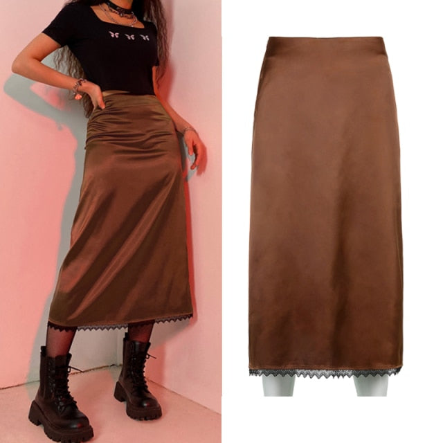 Vintage Split Long Skirt Women Cyber y2k Fashion Straight Satin High Waist Skirts Summer Outfits 2021 Casual Aesthetic Iamhotty voguable