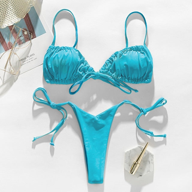 In-X Brazilian micro bikinis 2021 mujer Sexy string swimsuit female pleated bikini set Yellow swimwear women Mini bathing suit voguable
