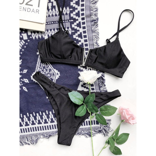 2021 Sexy Bikini Set Women Swimwear V Neck Swimsuit Female Push Up Bikini Set Solid Bathing Suit Beach Wear Biquini voguable