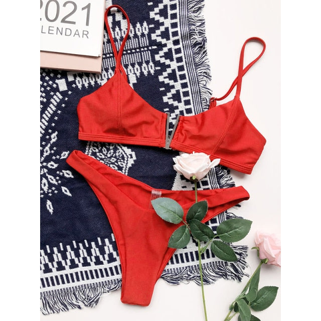 2021 Sexy Bikini Set Women Swimwear V Neck Swimsuit Female Push Up Bikini Set Solid Bathing Suit Beach Wear Biquini voguable