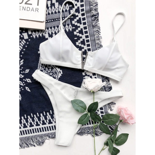 2021 Sexy Bikini Set Women Swimwear V Neck Swimsuit Female Push Up Bikini Set Solid Bathing Suit Beach Wear Biquini voguable