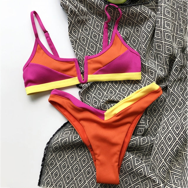 2021 Sexy Bikini Set Women Swimwear V Neck Swimsuit Female Push Up Bikini Set Solid Bathing Suit Beach Wear Biquini voguable