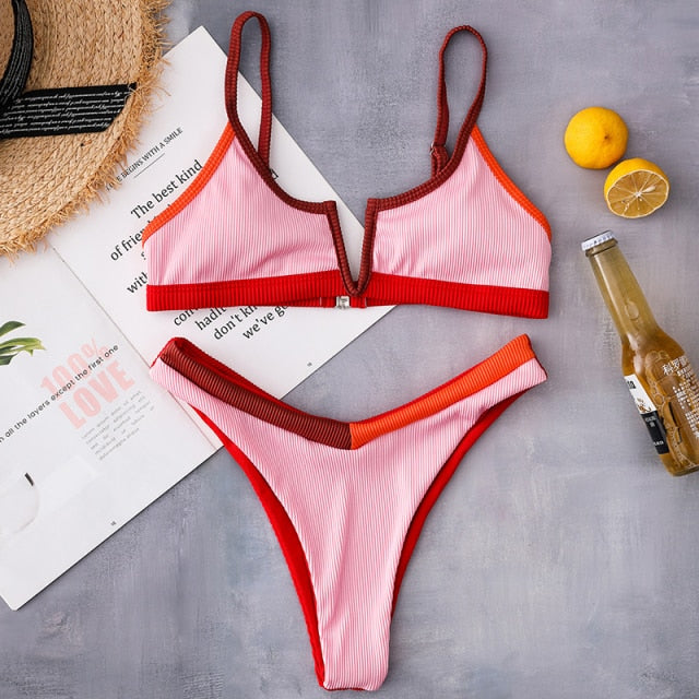 2021 Sexy Bikini Set Women Swimwear V Neck Swimsuit Female Push Up Bikini Set Solid Bathing Suit Beach Wear Biquini voguable