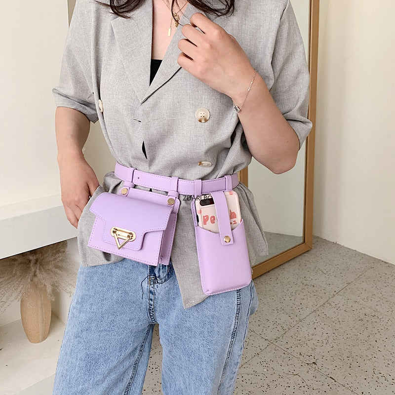 2 Piece Women's Belt Bag Luxury Designer Tactical Waist Bags Female Leather Flap Fanny Pack Shoulder Crossbody Chest Bag Purse voguable