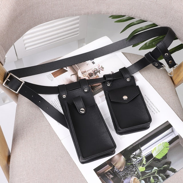2 Piece Women's Belt Bag Luxury Designer Tactical Waist Bags Female Leather Flap Fanny Pack Shoulder Crossbody Chest Bag Purse voguable