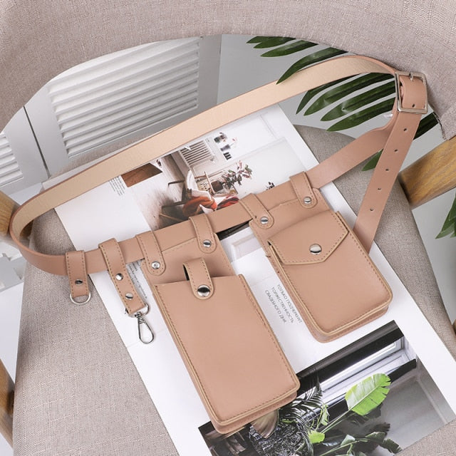 2 Piece Women's Belt Bag Luxury Designer Tactical Waist Bags Female Leather Flap Fanny Pack Shoulder Crossbody Chest Bag Purse voguable
