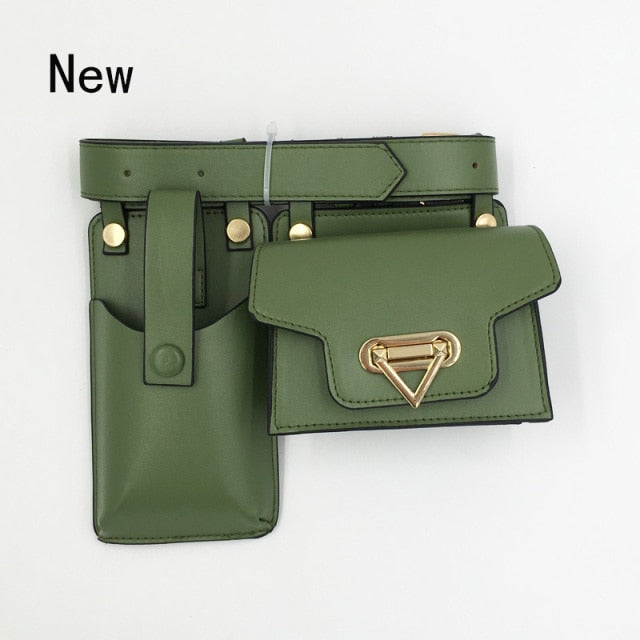 2 Piece Women's Belt Bag Luxury Designer Tactical Waist Bags Female Leather Flap Fanny Pack Shoulder Crossbody Chest Bag Purse voguable