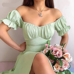 Bornsra  2021 Summer New Pure Color Simple One-shoulder Short-sleeved Long Skirt Sexy SlimTemperament Skirt Mid-Calf Sexy Dress voguable