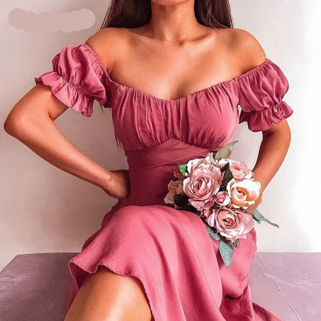 Bornsra  2021 Summer New Pure Color Simple One-shoulder Short-sleeved Long Skirt Sexy SlimTemperament Skirt Mid-Calf Sexy Dress voguable