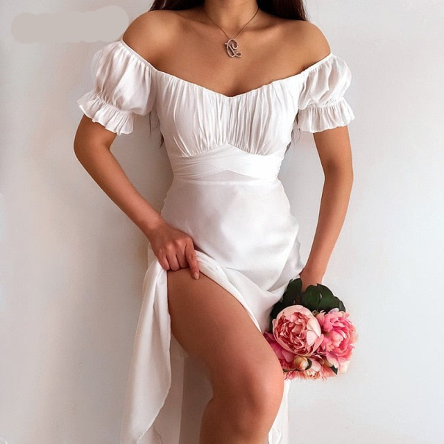 Bornsra  2021 Summer New Pure Color Simple One-shoulder Short-sleeved Long Skirt Sexy SlimTemperament Skirt Mid-Calf Sexy Dress voguable