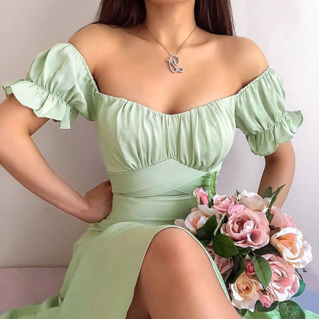 Bornsra  2021 Summer New Pure Color Simple One-shoulder Short-sleeved Long Skirt Sexy SlimTemperament Skirt Mid-Calf Sexy Dress voguable