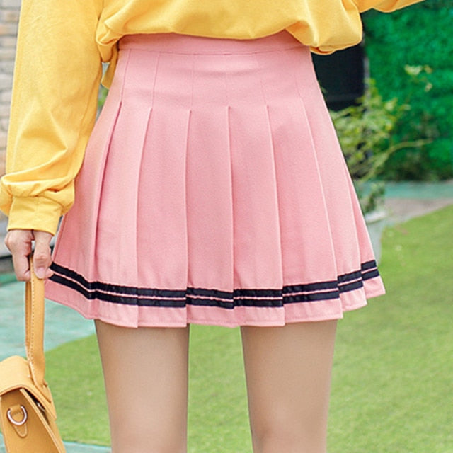 XS-XXL Spring Summer Autumn Women Skirts Student Girl Striped Pleated Waist Female Sweet Mini Dance Plaid Black White Pink Skirt voguable