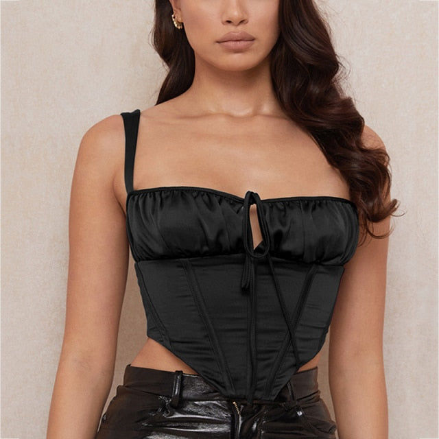 NewAsia Corset Top y2k Cami Women Boned Tie up Cut Out Square Neck Zipper Ruched Padded Tank Top Satin Party Club Casual Outfits voguable