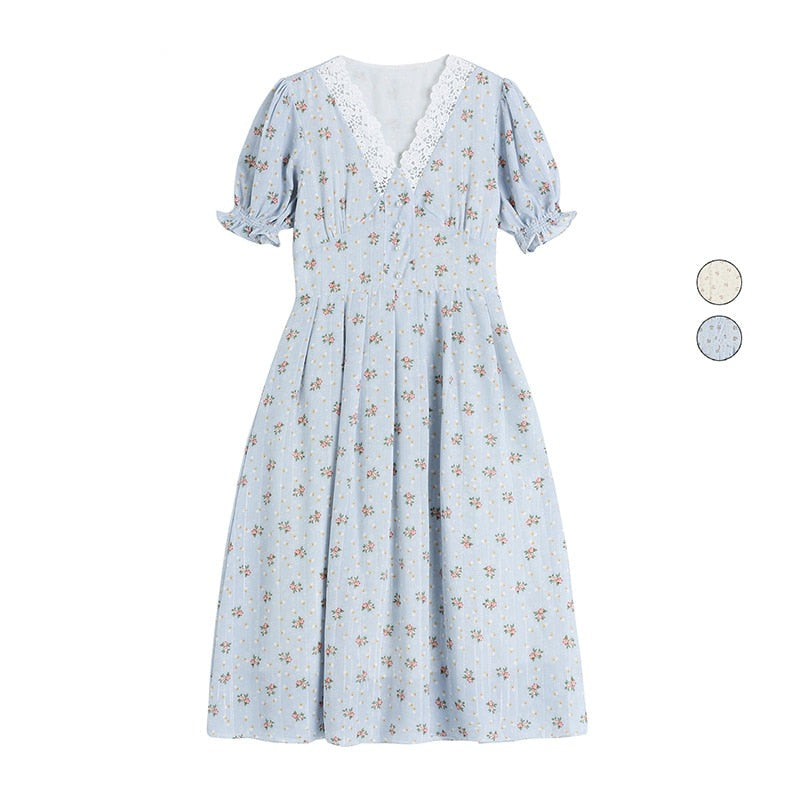 2021 Vintage Floral Dress Women Elegant Lace Chiffon Korean Party Dress Puff Sleeve V Neck Midi Dress Fall Dresses for Women New voguable
