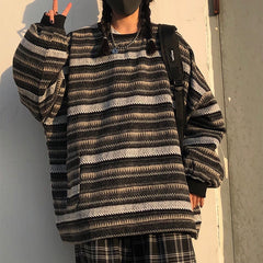 Voguable Pullover Women Vintage Striped Sweater Oversize Long Sleeve Couples Knitted Tops Hip Hop Fashion Streetwear Pullover Female voguable