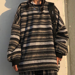 Voguable Pullover Women Vintage Striped Sweater Oversize Long Sleeve Couples Knitted Tops Hip Hop Fashion Streetwear Pullover Female voguable