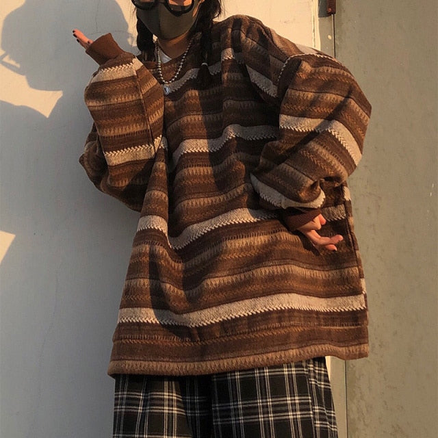 Voguable Pullover Women Vintage Striped Sweater Oversize Long Sleeve Couples Knitted Tops Hip Hop Fashion Streetwear Pullover Female voguable