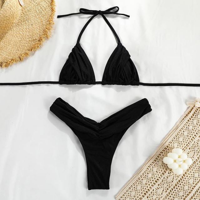Micro Sexy Pleated Bikini 2021 Women Swimsuit Halter Brazilian Bikini Set Triangle Swimwear Female Beach Wear Bathing Suit voguable