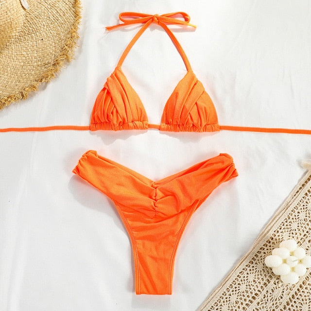 Micro Sexy Pleated Bikini 2021 Women Swimsuit Halter Brazilian Bikini Set Triangle Swimwear Female Beach Wear Bathing Suit voguable