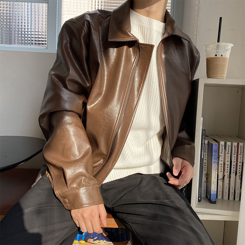 Voguable  Men's Clothing Autumn New Oversize Coat Korean Trend Loose Casual PU Leather Jacket Coat Male Zipper Lapel Clothes 9Y4382 voguable